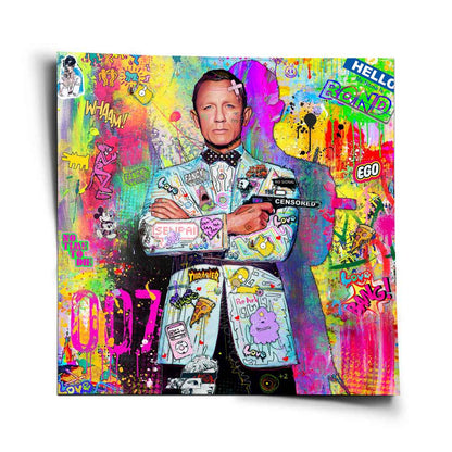 Bond poster square artwork featuring Daniel Craig as James Bond at the center with a pistol, surrounded by neon graffiti and pop-culture icons like The Pink Panther, Mickey Mouse, and Homer Simpson.