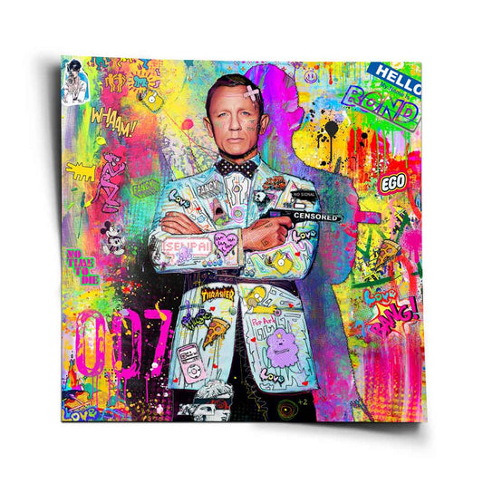 Bond poster square artwork featuring Daniel Craig as James Bond at the center with a pistol, surrounded by neon graffiti and pop-culture icons like The Pink Panther, Mickey Mouse, and Homer Simpson.