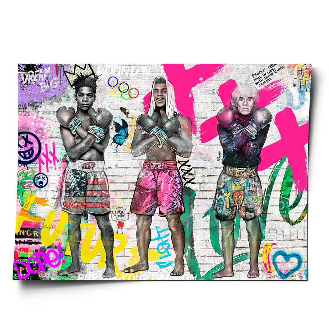 Box Dream Big wall art with monochrome boxing figures on a distressed white brick background and neon spray paint accents