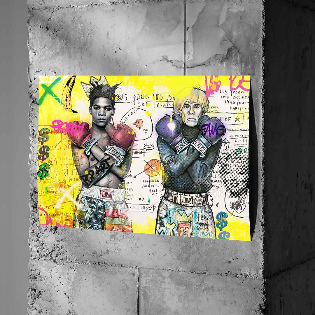 Close-up of bold black outlines and graffiti text on a neon yellow backdrop, highlighting the Pop Art and Graffiti fusion.