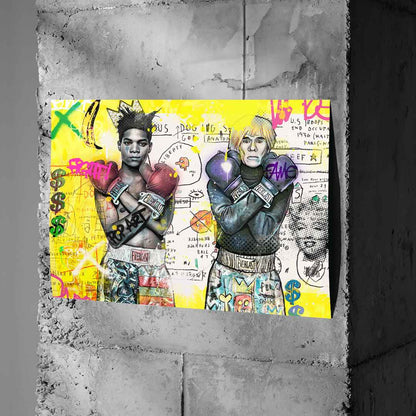 Close-up of bold black outlines and graffiti text on a neon yellow backdrop, highlighting the Pop Art and Graffiti fusion.