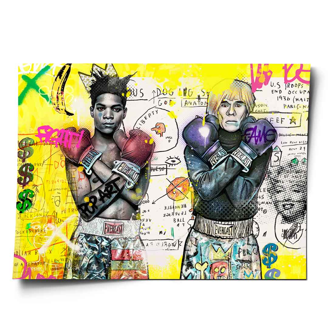Boxwarhol Bask poster depicting Basquiat in red boxing gloves facing Warhol in purple gloves against a vivid yellow graffiti-filled background.