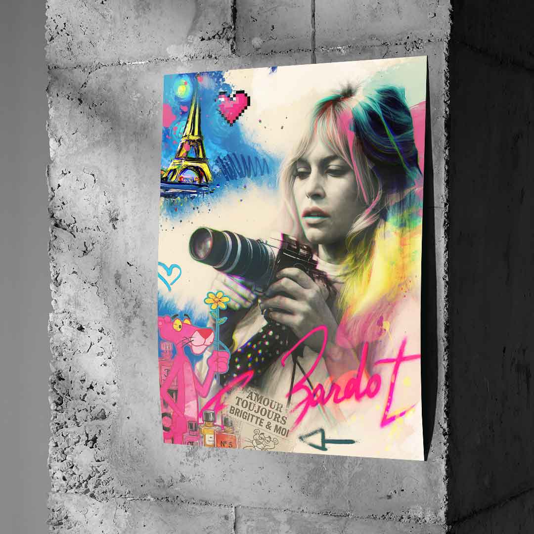 Paris-inspired neon collage with Brigitte Bardot vibes, bright colors, and bold typography in a street-art aesthetic.