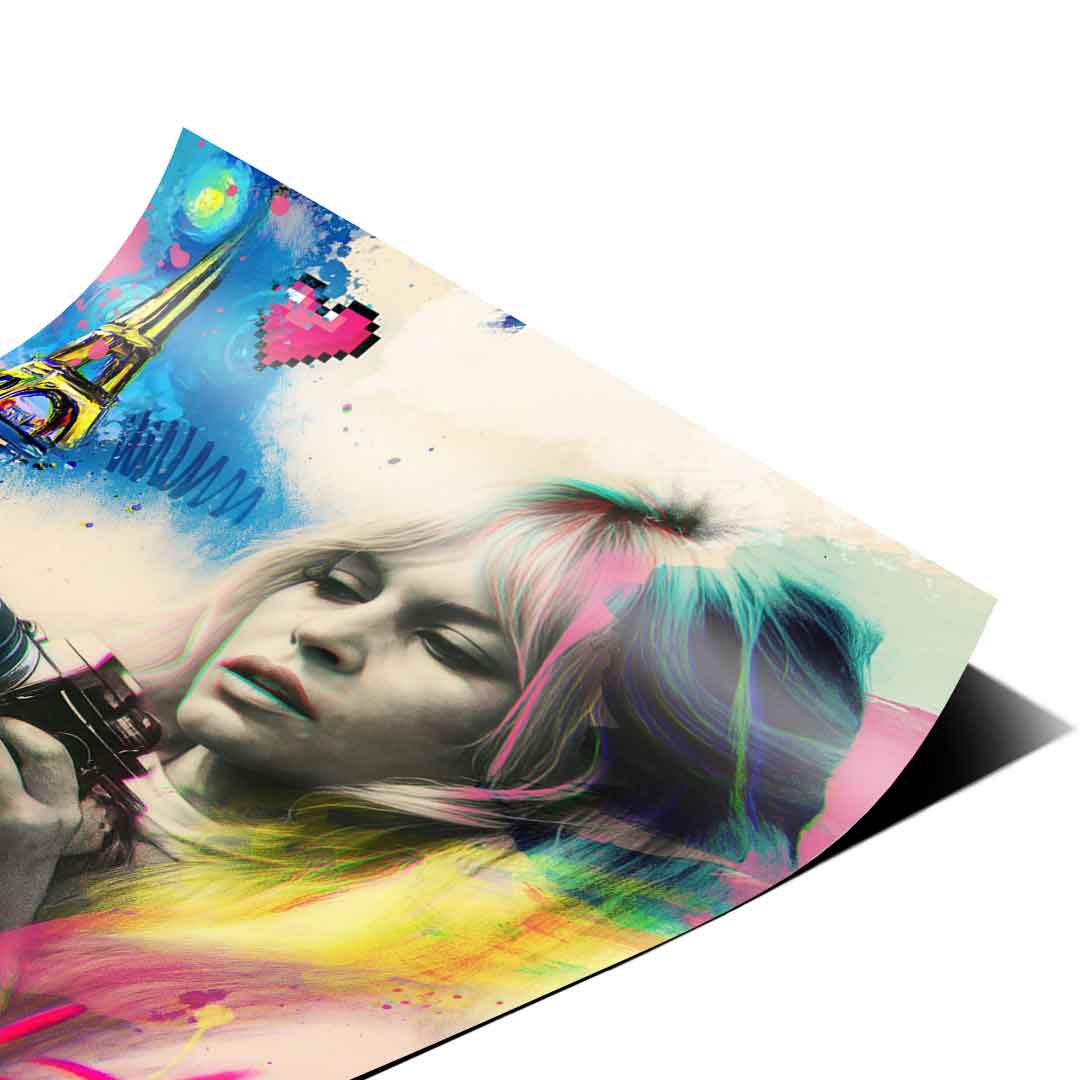 Close-up section showing Brigitte Bardot-inspired features in high-contrast black-and-white with vivid color splashes.