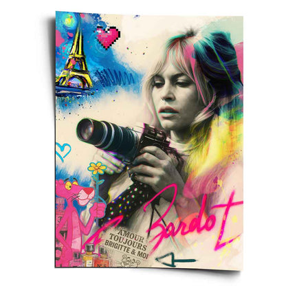 Portrait-format wall art of Brigitte Bardot in a bold Pop Graffiti style, holding a vintage camera with black-and-white tones and neon pink, electric blue, and yellow accents, featuring the Eiffel Tower and Pink Panther motifs.