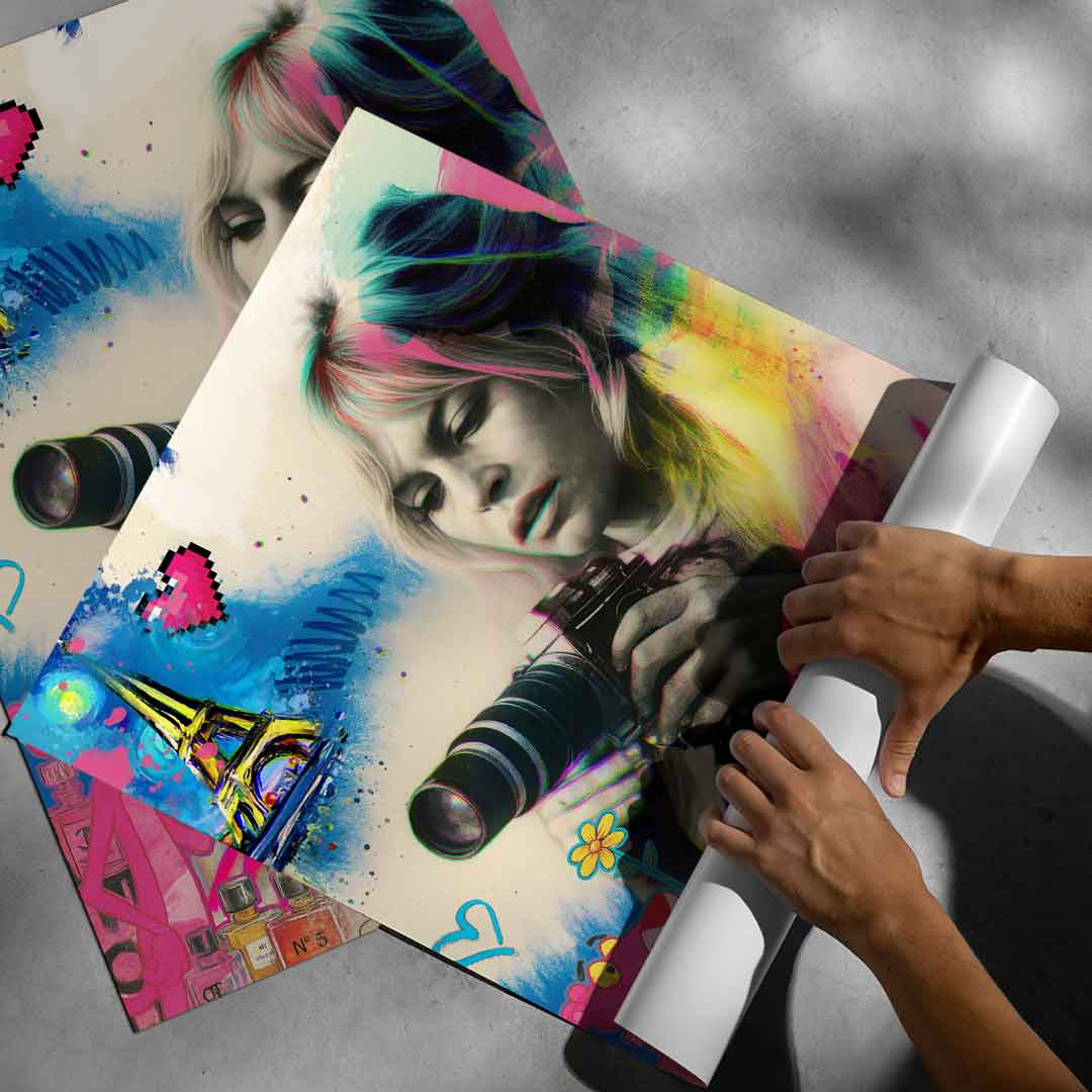 Overall Pop Graffiti composition blending vintage fashion imagery, neon accents, and French text for a chic, rebellious wall art piece.