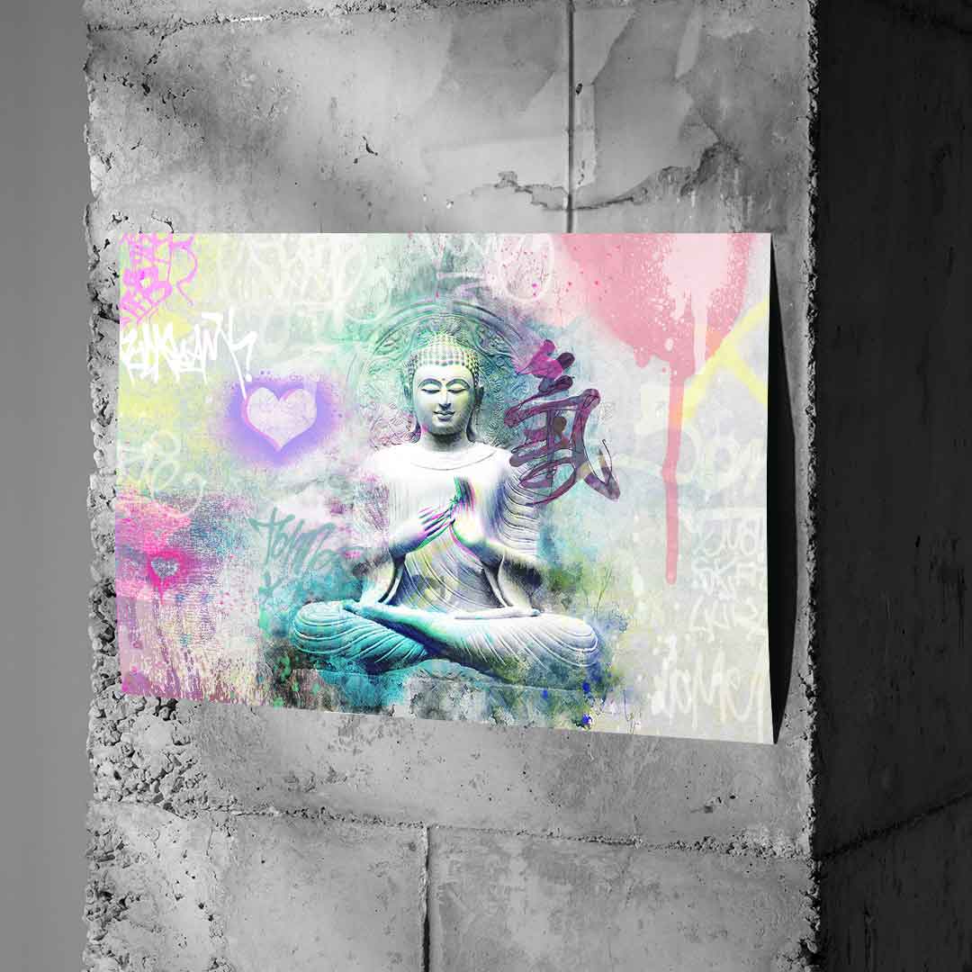 Buddha poster featuring pink and yellow paint drips and a soft purple heart