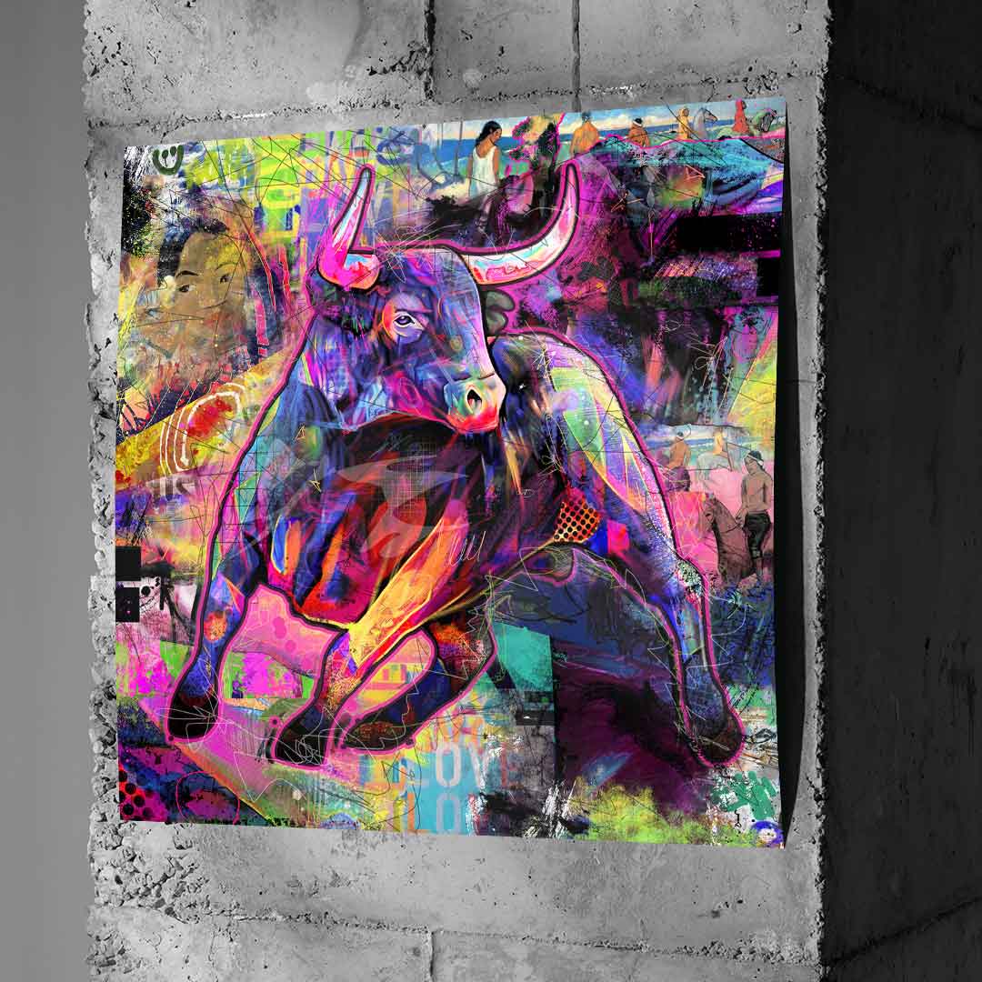 Full view of a modern square-format bull poster blending Pop Art and street art.