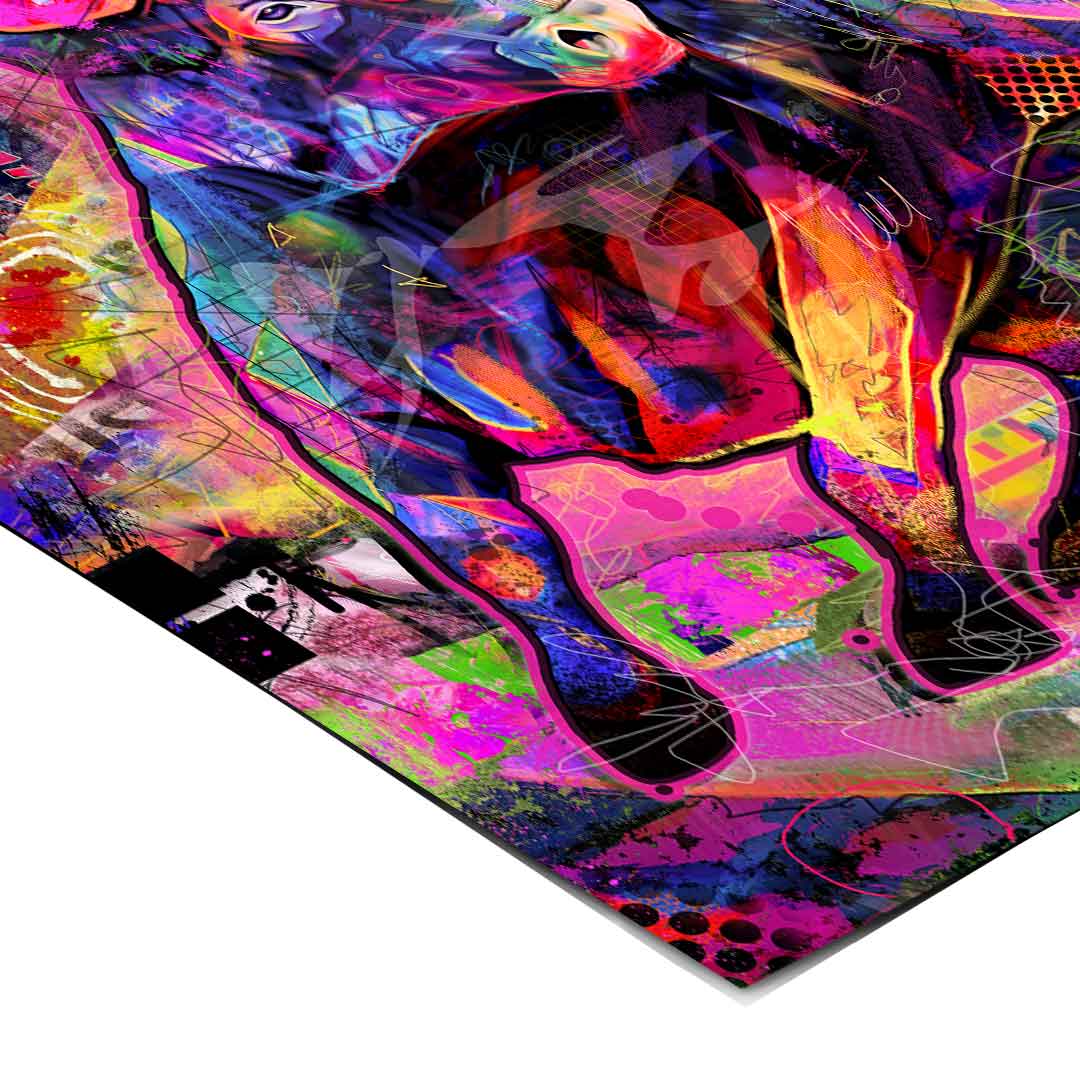 Vivid urban bull wall art with neon palette and abstract background elements.