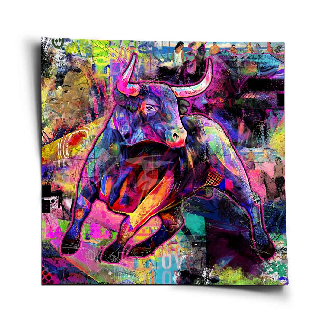 Dynamic neon-colored bull poster in Pop Graffiti style with mid-charge action and abstract shapes.