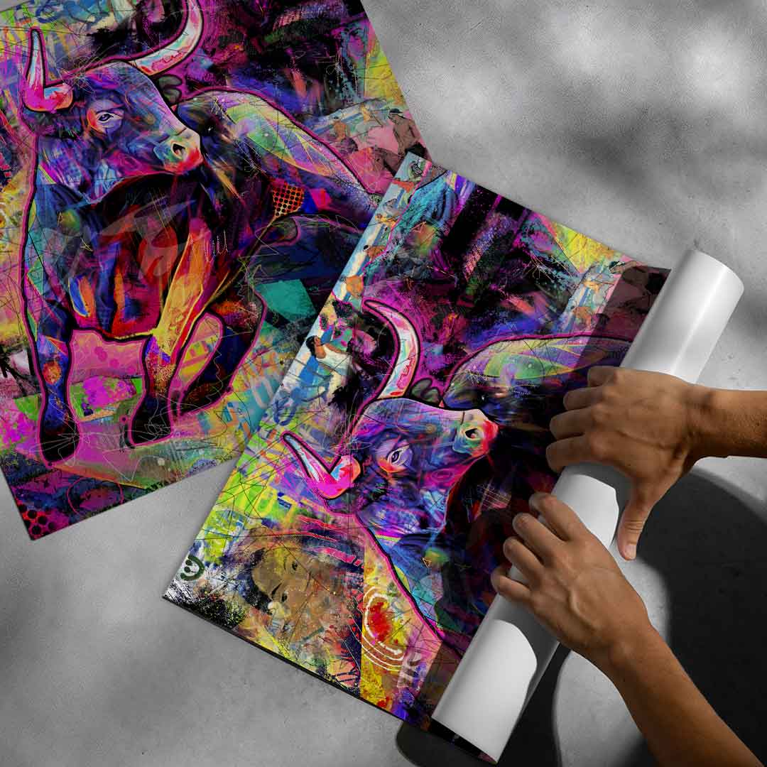 Bold charging bull poster from the Pop Graffiti collection with electric color palette.