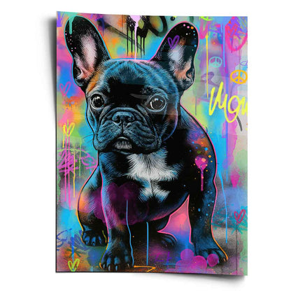 Portrait poster showing a playful black French Bulldog puppy rendered in neon graffiti colors with spray paint splatters and hearts