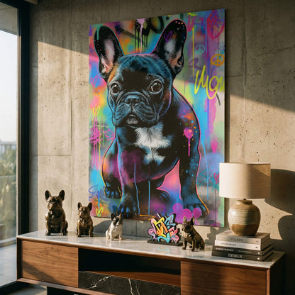 Colorful neon graffiti-style wall art with abstract shapes and spray paint drips arranged in a dynamic urban composition