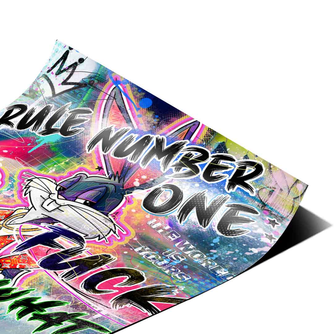 Dynamic splatters and drips of neon color across the composition.