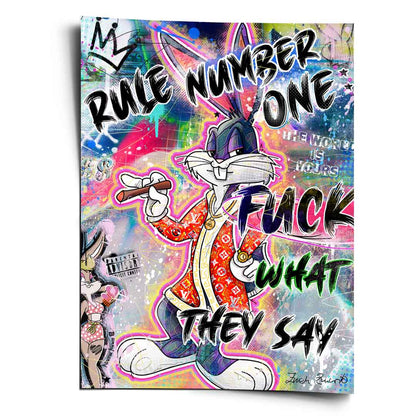 Vibrant neon Pop Graffiti poster showing Bugs Bunny in a suit smoking a cigar with Lola Bunny in the background.