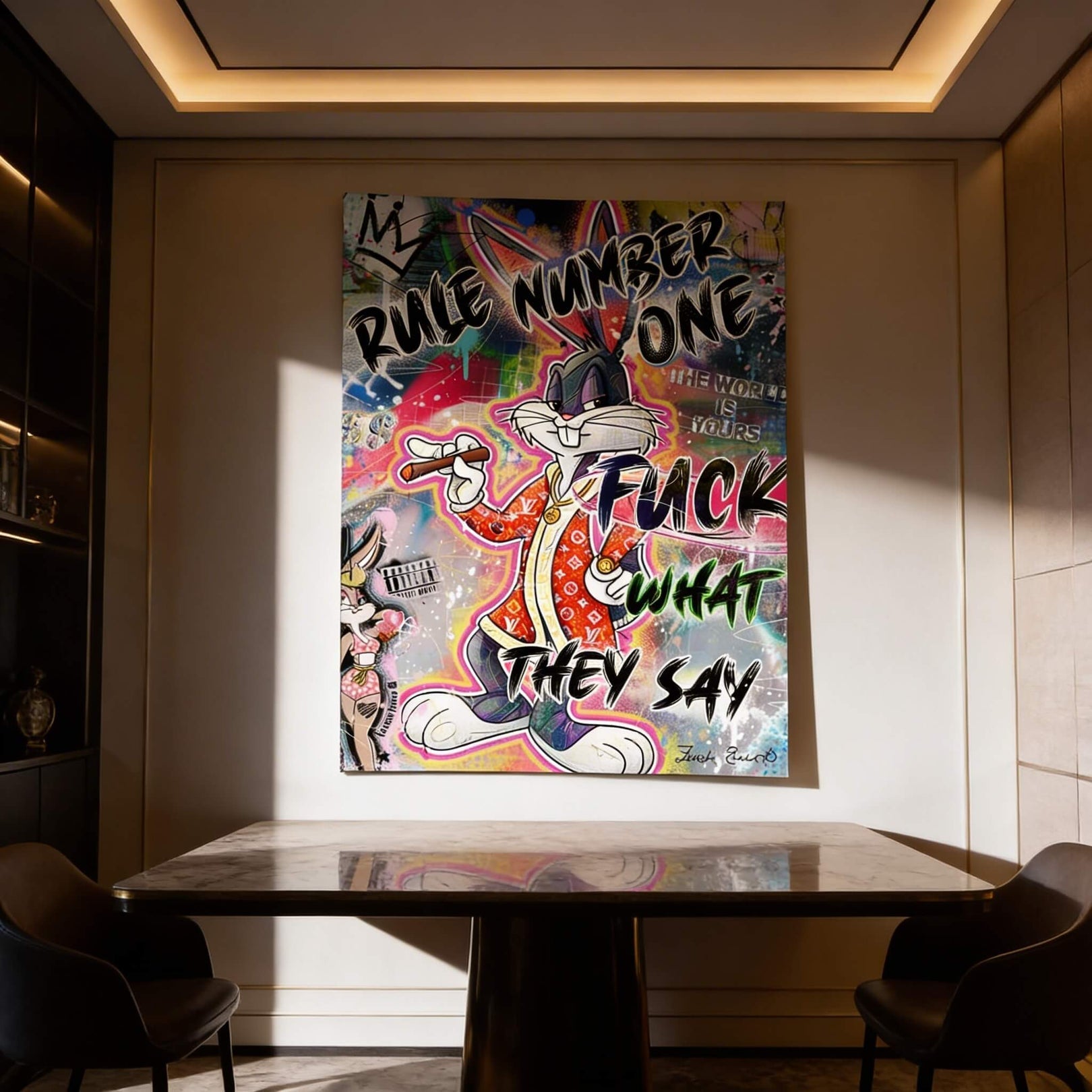 Close-up of bold graffiti text in pink, purple, blue, and green accents across the poster.