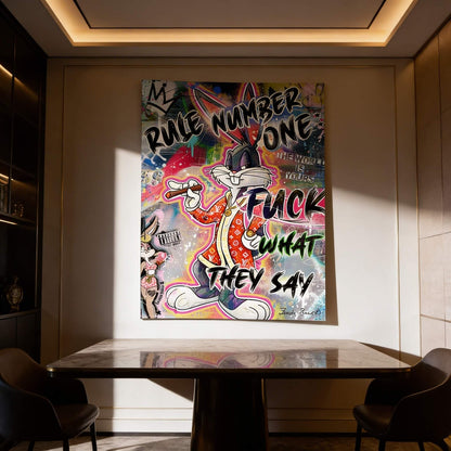 Close-up of bold graffiti text in pink, purple, blue, and green accents across the poster.