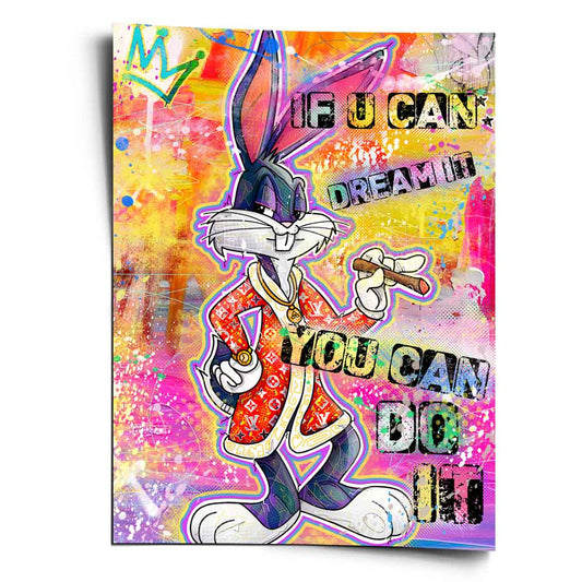 Bugs Bunny wearing a Louis Vuitton inspired jacket and gold chain with a cigar against neon graffiti backdrop.