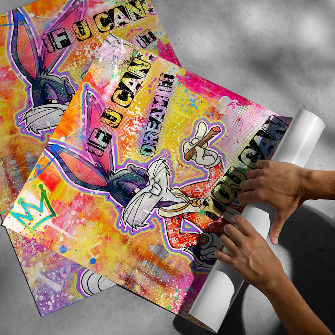 Eclectic, modern wall art blending pop culture with urban luxury for bedrooms and creative spaces.