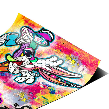 Graffiti-inspired background with colorful splatters and subtle comic-book elements behind the chasing duo.