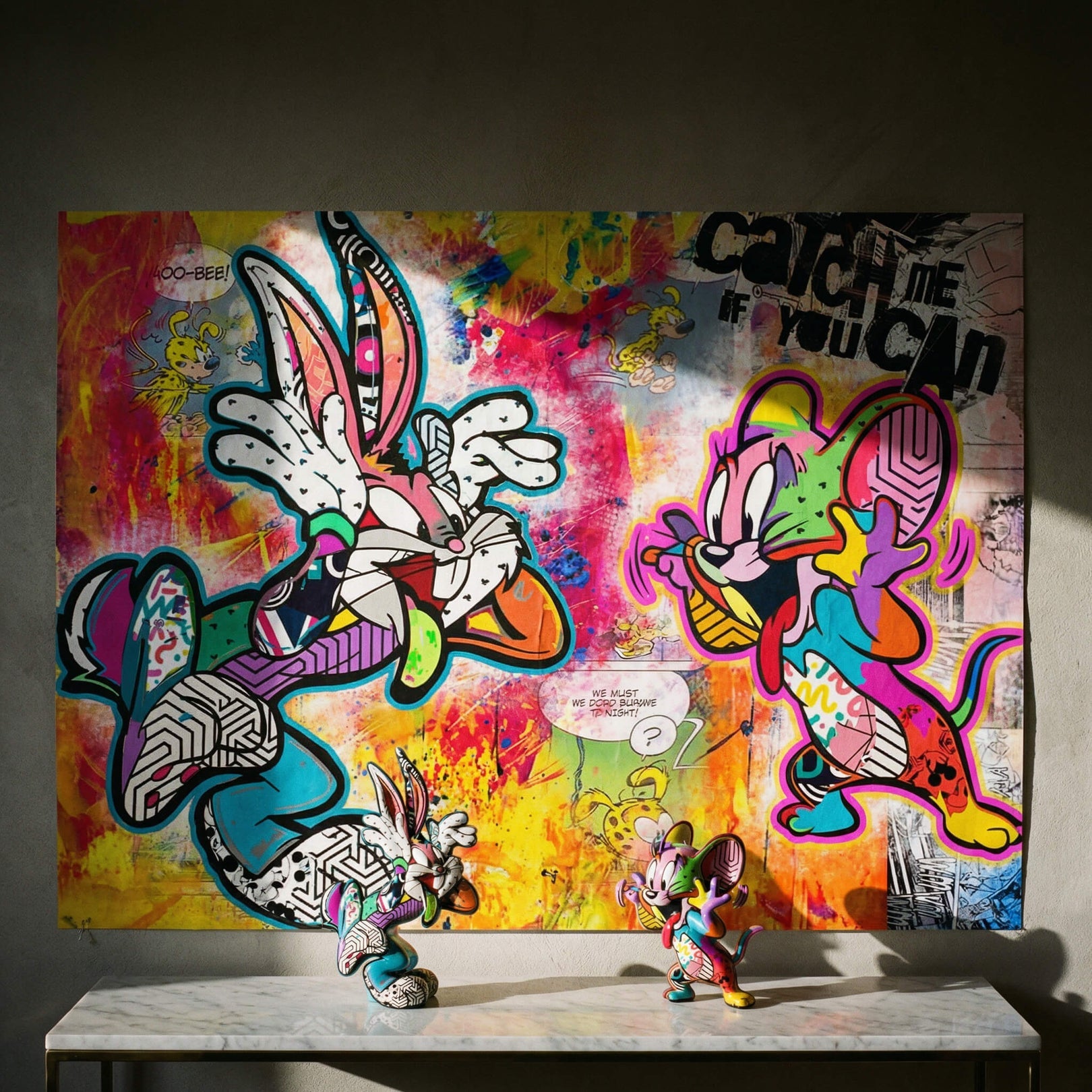 Close-up of stylized cartoon characters with fractured geometric shapes and an electric color palette inspired by street art.