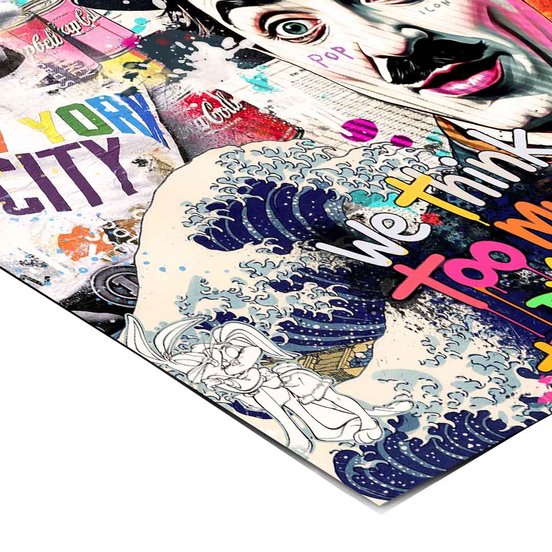 Close-up of bold quotes 'We think Too Much AND Dream Too Little' and 'MAKE THE WORLD A BETTER PLACE' amidst graphic shapes.