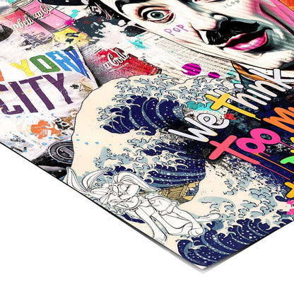 Close-up of bold quotes 'We think Too Much AND Dream Too Little' and 'MAKE THE WORLD A BETTER PLACE' amidst graphic shapes.