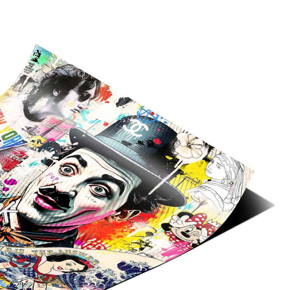 Hokusai's Great Wave motif interwoven with pop culture icons for a retro street-art vibe.
