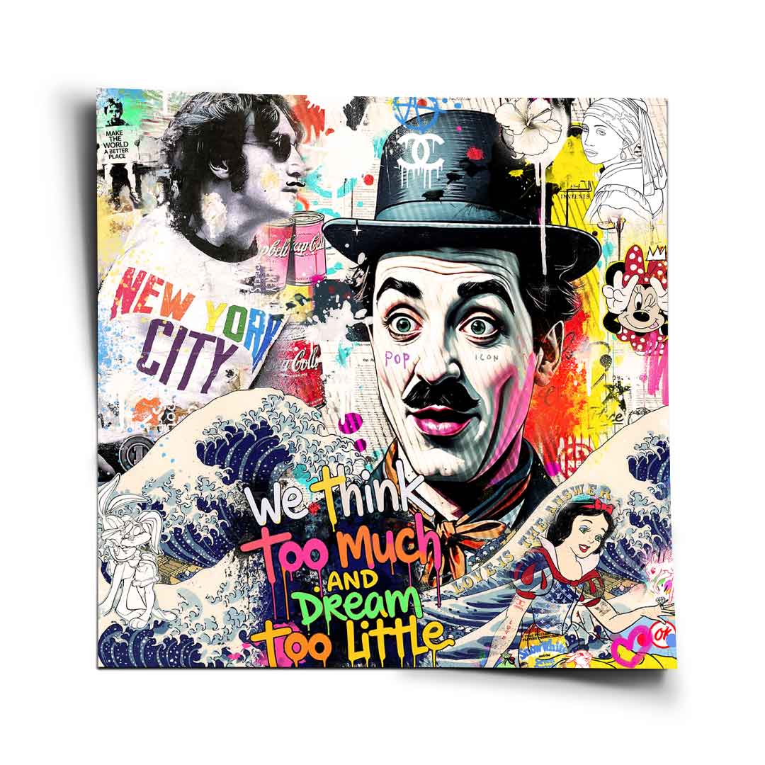Central Charlie Chaplin portrait in a colorful pop art collage, surrounded by John Lennon, Minnie Mouse, Snow White, a nod to Girl with a Pearl Earring, and The Great Wave.