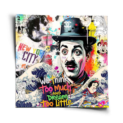 Central Charlie Chaplin portrait in a colorful pop art collage, surrounded by John Lennon, Minnie Mouse, Snow White, a nod to Girl with a Pearl Earring, and The Great Wave.