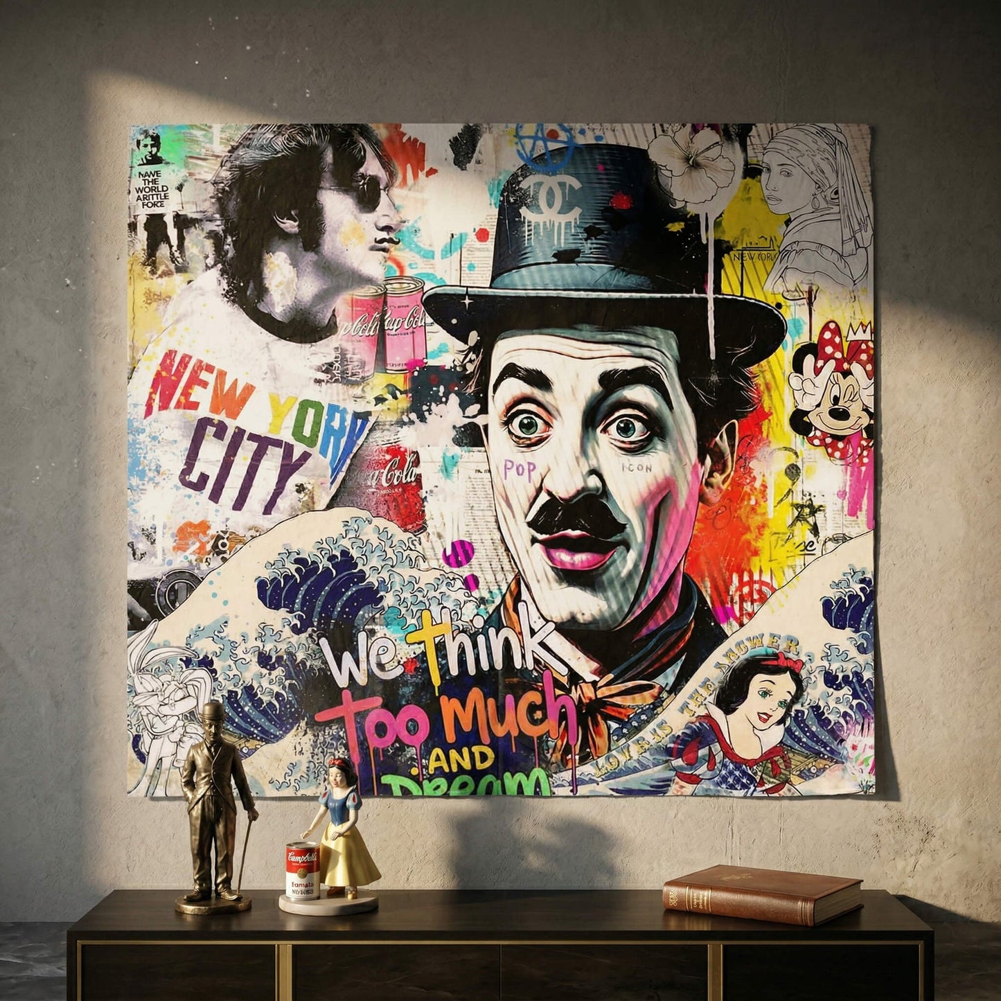 Section featuring bold New York City text, vibrant colors, and retro Coca-Cola cans embedded in the collage.