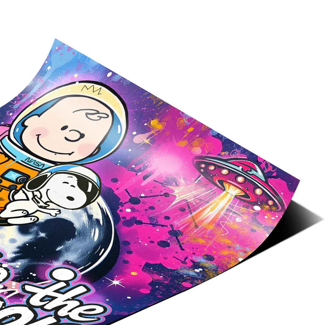 Close-up of Snoopy in a space helmet against a neon cosmic backdrop with energetic lines.