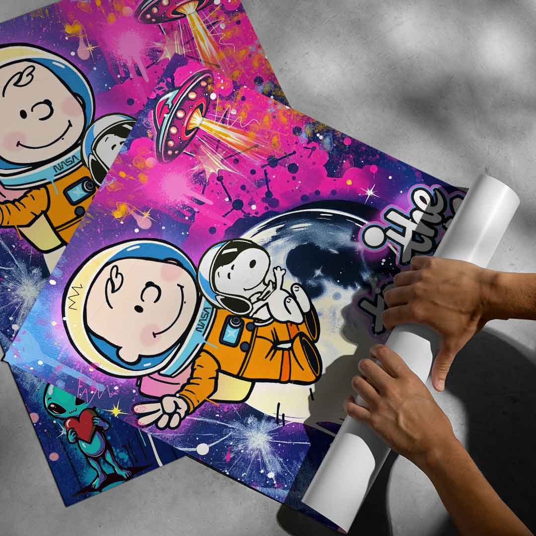 A playful UFO and a heart-loving alien add whimsy to the pop art composition featuring Charlie Brown and Snoopy in space.