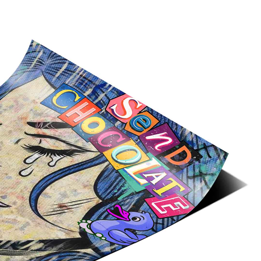 Colorful block-letter text Send Chocolate diagonally across the top against blues and blacks.