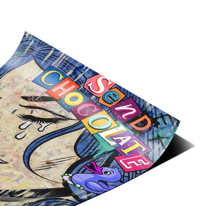 Colorful block-letter text Send Chocolate diagonally across the top against blues and blacks.