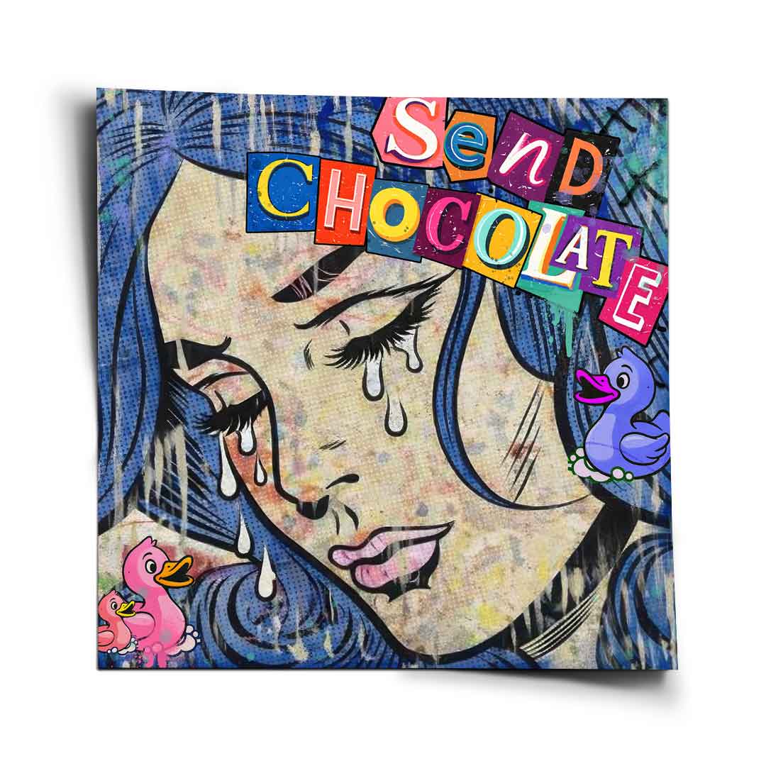 Crying woman in blue hair with bold Pop Art outlines and halftone dots, graffiti background with the text Send Chocolate.