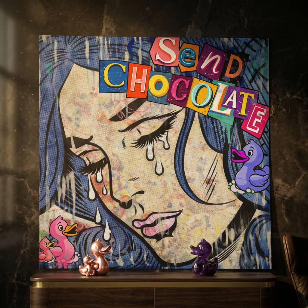 Two rubber ducks, pink with a baby and purple, add whimsy to the street-art inspired poster.