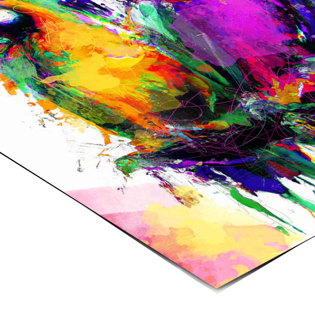 White background abstract poster featuring vibrant parrot colors and splatter textures