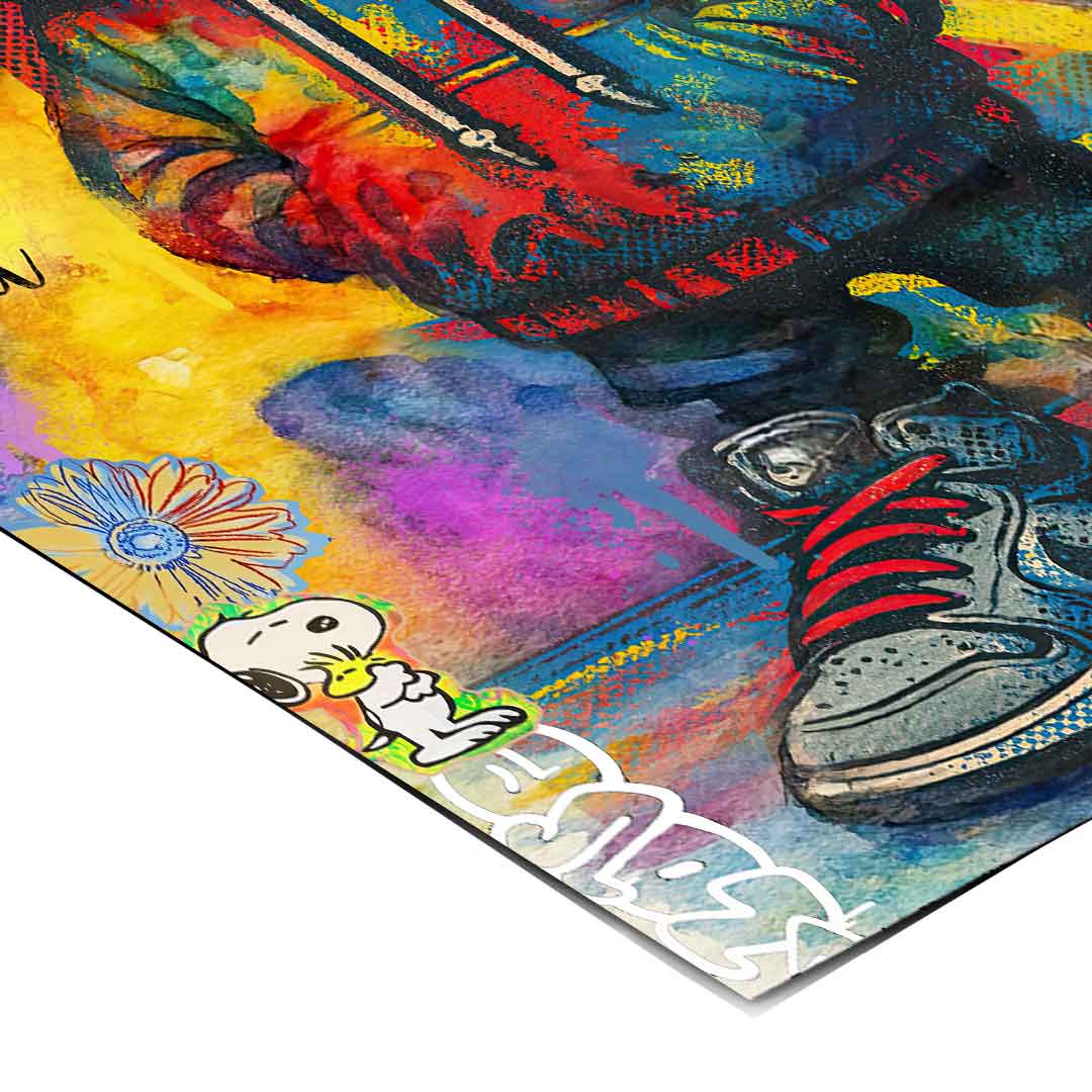 Dynamic graffiti tags and cartoon imagery contributing to an energetic, optimistic mood
