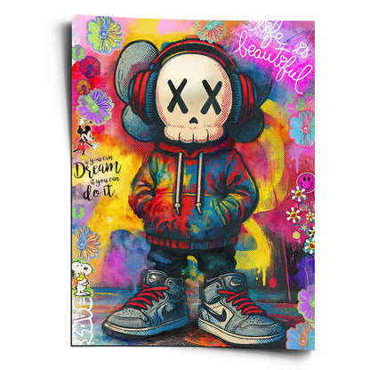 KAWS-inspired character with X-eyed expression wearing headphones and neon tie-dye hoodie on a colorful graffiti poster