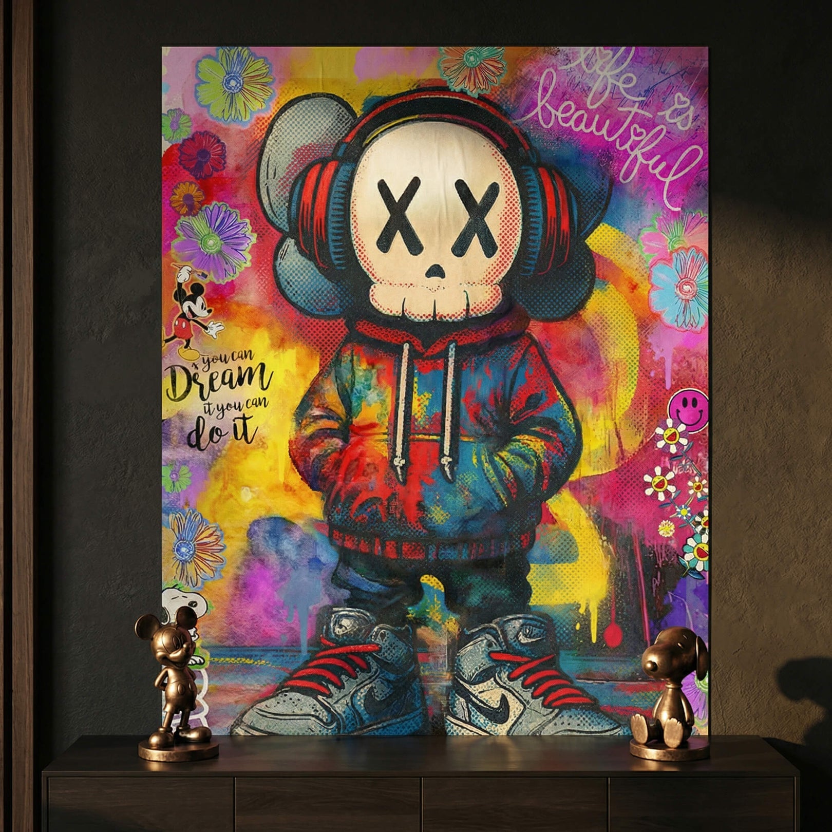 Vibrant collage of neon pink, yellow, blue, and red graffiti splatters and street art elements