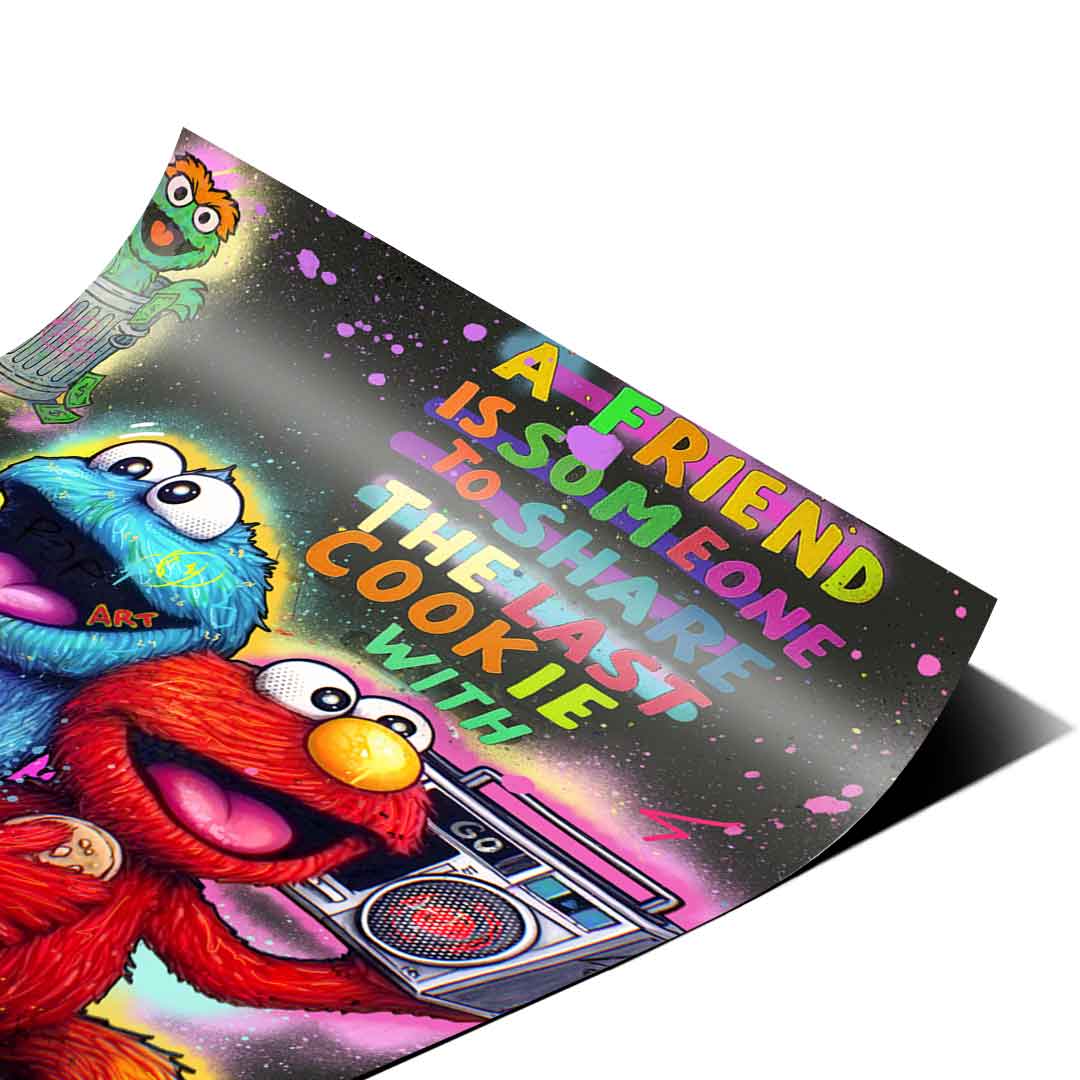 Oscar the Grouch peeks from a trash can in the background of the Sesame Street street-art poster.