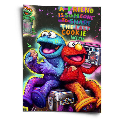 Cookie Monster in blue and purple tones sharing a half-eaten cookie with Elmo, who holds a retro boombox, in a bold street-art poster.