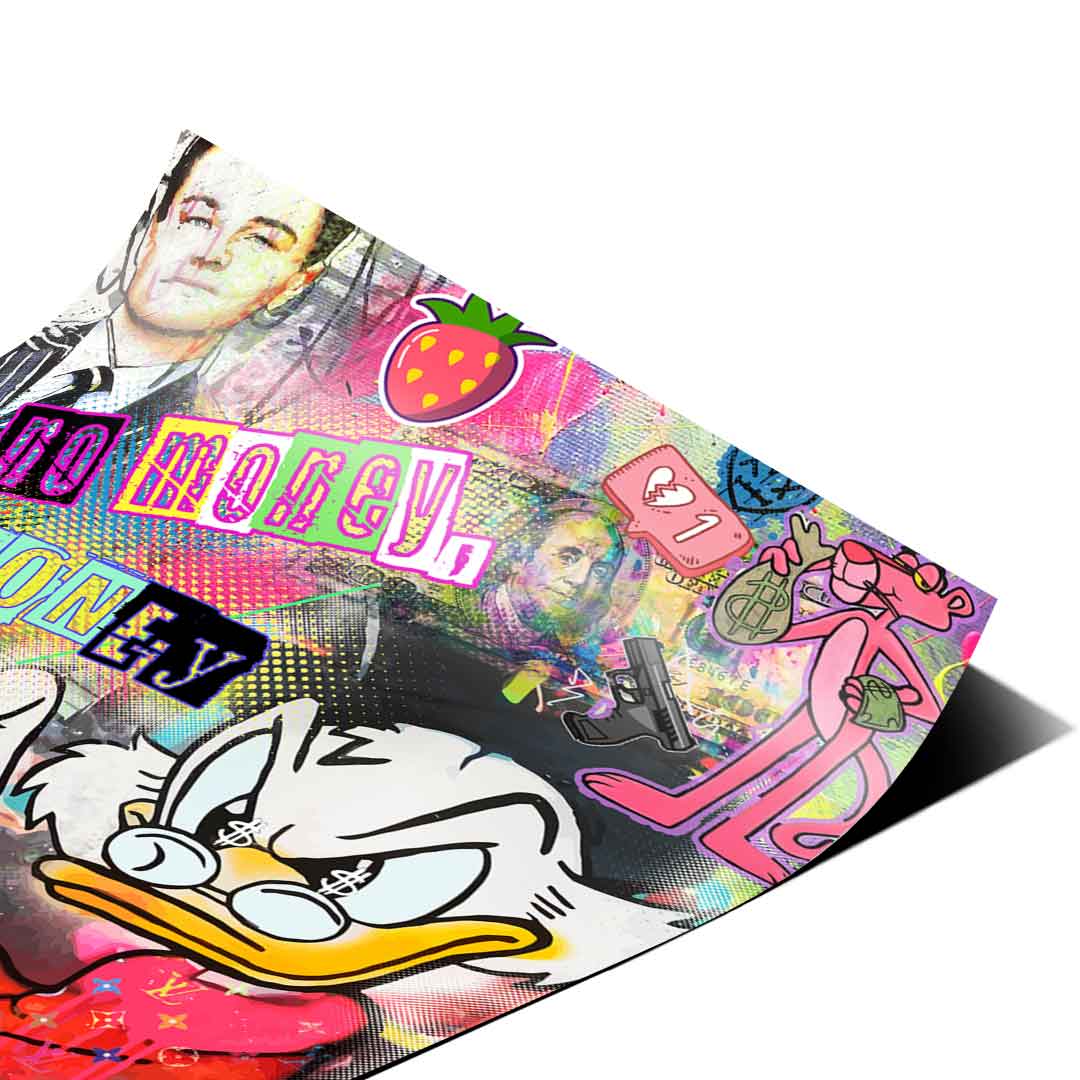 Pink Panther holding a money bag in a chaotic street art scene.