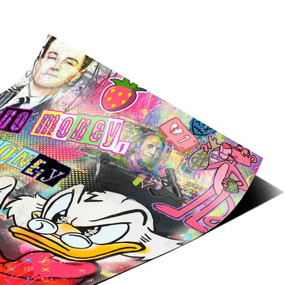 Pink Panther holding a money bag in a chaotic street art scene.