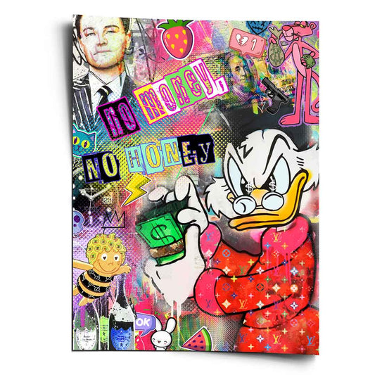 Stalwart Scrooge McDuck in a Louis Vuitton robe holding money in a neon pink, green, and yellow Pop Art collage.