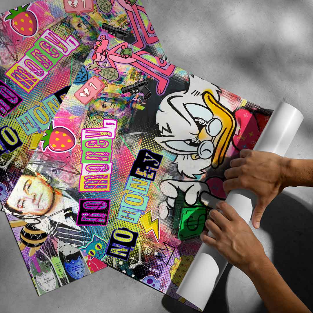 Gucci-clad bee and Rolex watches appear among the collage's luxury-brand motifs.