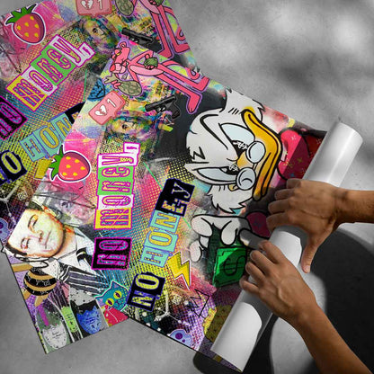 Gucci-clad bee and Rolex watches appear among the collage's luxury-brand motifs.