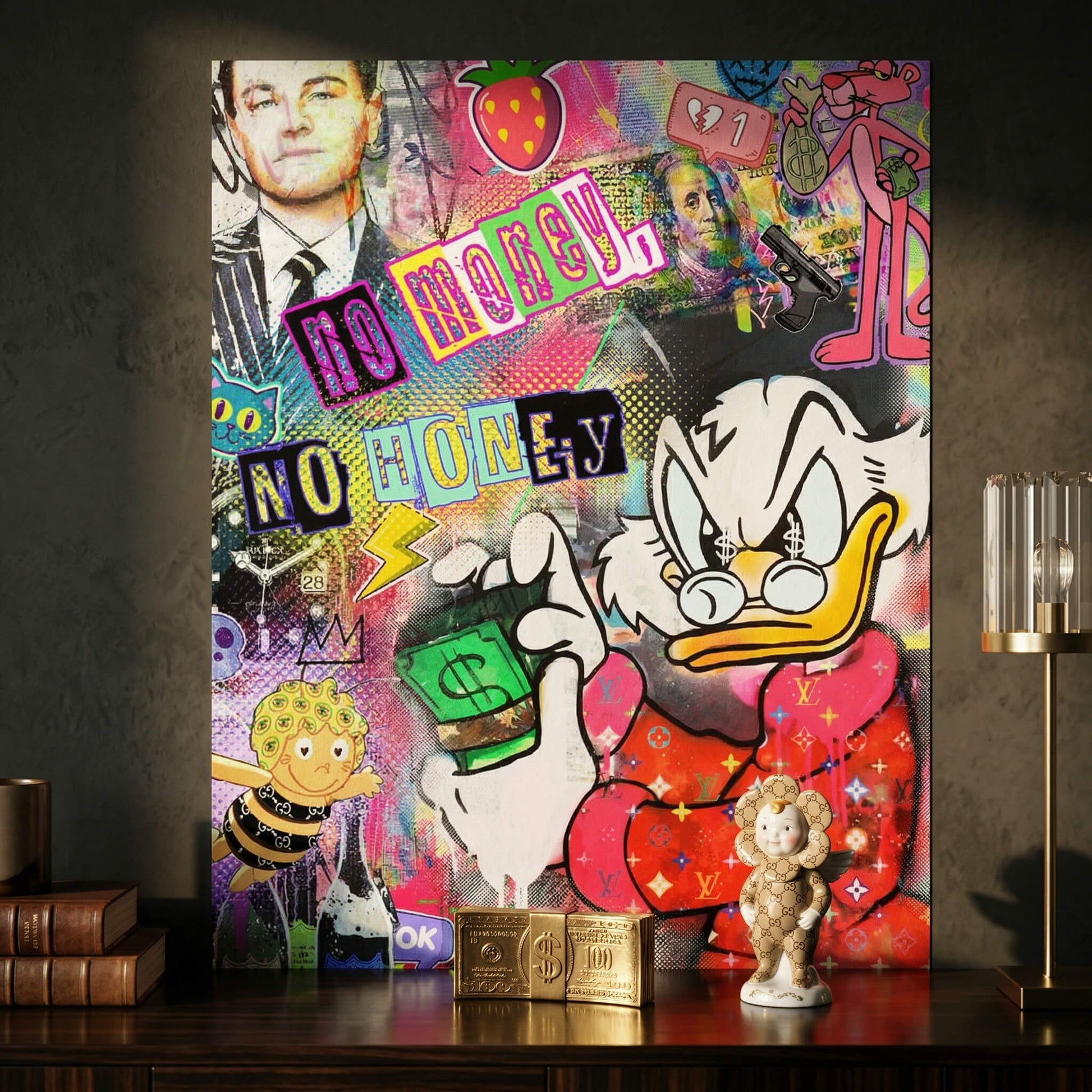 Leonardo DiCaprio as a Wall Street figure amid bold graffiti with NO MONEY! NO HONEY! text.