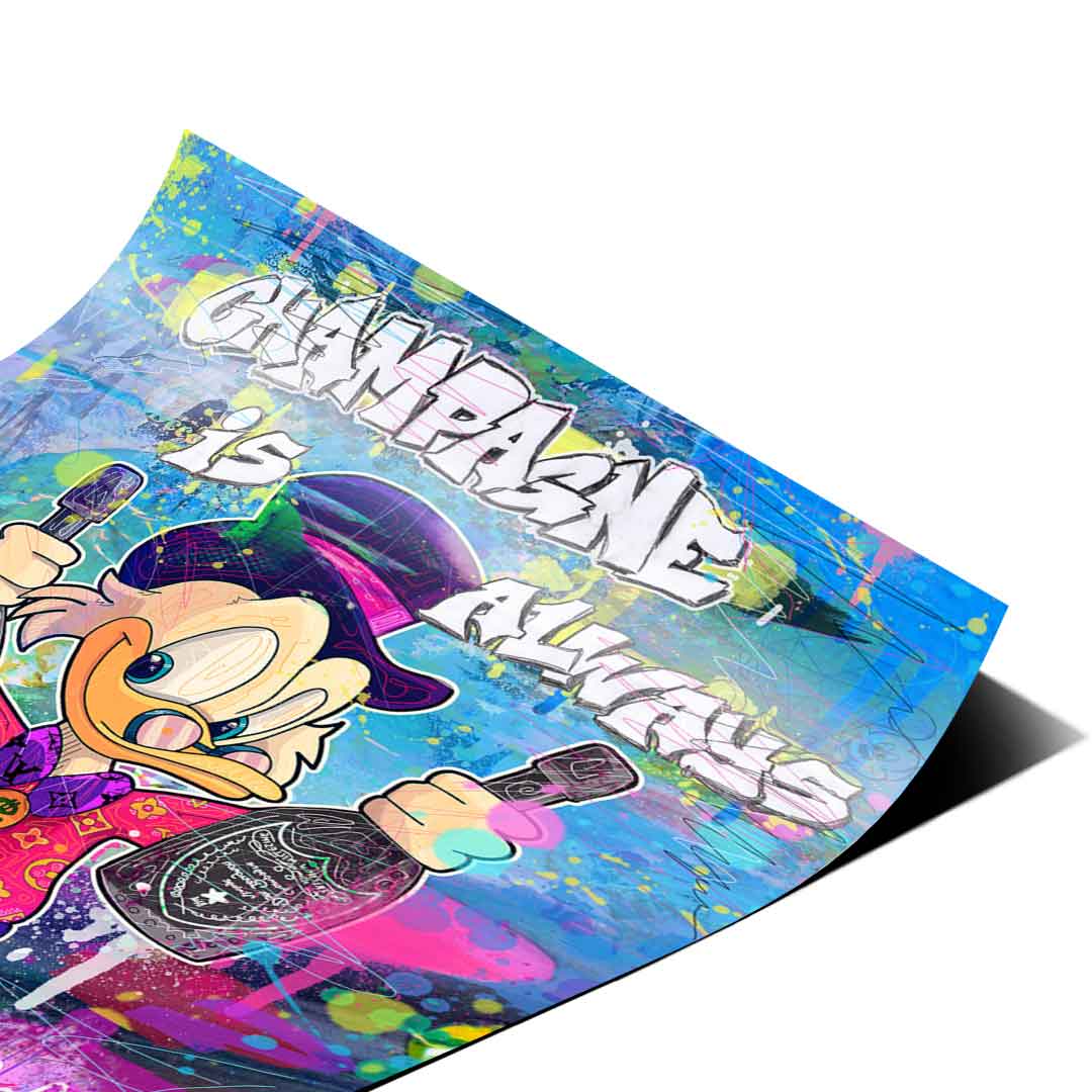 Colorful urban pop graffiti style poster with Scrooge McDuck in a pattern-rich outfit against a neon backdrop.